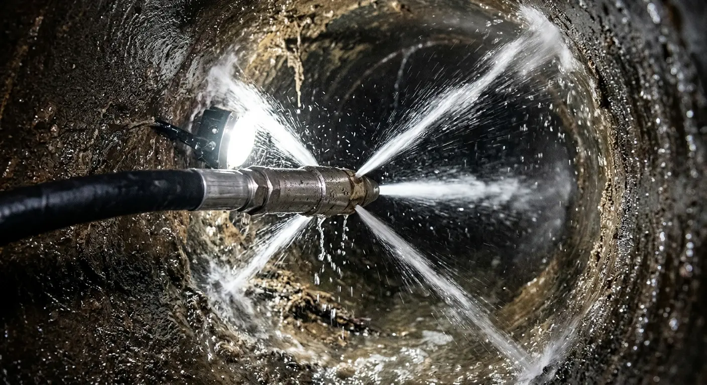 High-pressure hydro jetting nozzle cleaning sewer pipe for Emergency Drain Service in Cumberland